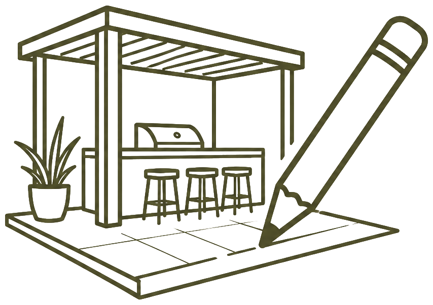 Dibujo de una estructura de bar o restaurante con barra, bancos, un área de cocina, una planta en una maceta y un lápiz grande que parece estar dibujando el suelo.