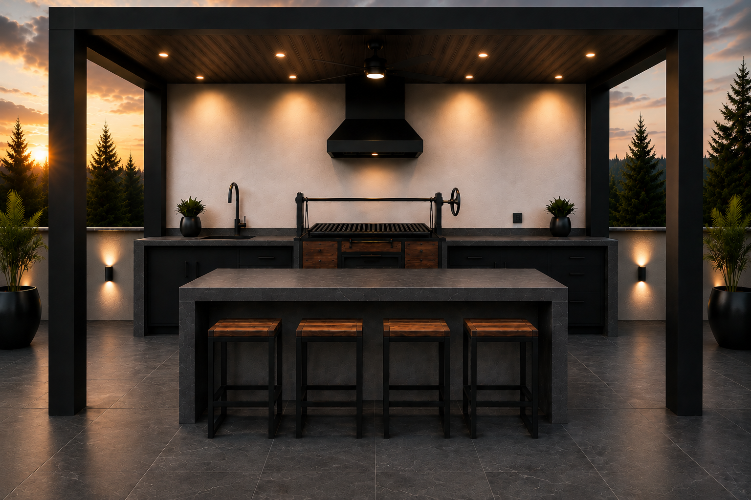 Cocina moderna al aire libre con isla central, parrilla y sillas de madera en un atardecer, rodeada de pinos.
