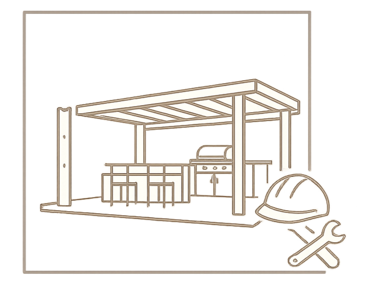 Ilustración de una estructura de barbacoa con una pequeña área cubierta, una parrilla, un mostrador y accesorios de construcción y reparación.