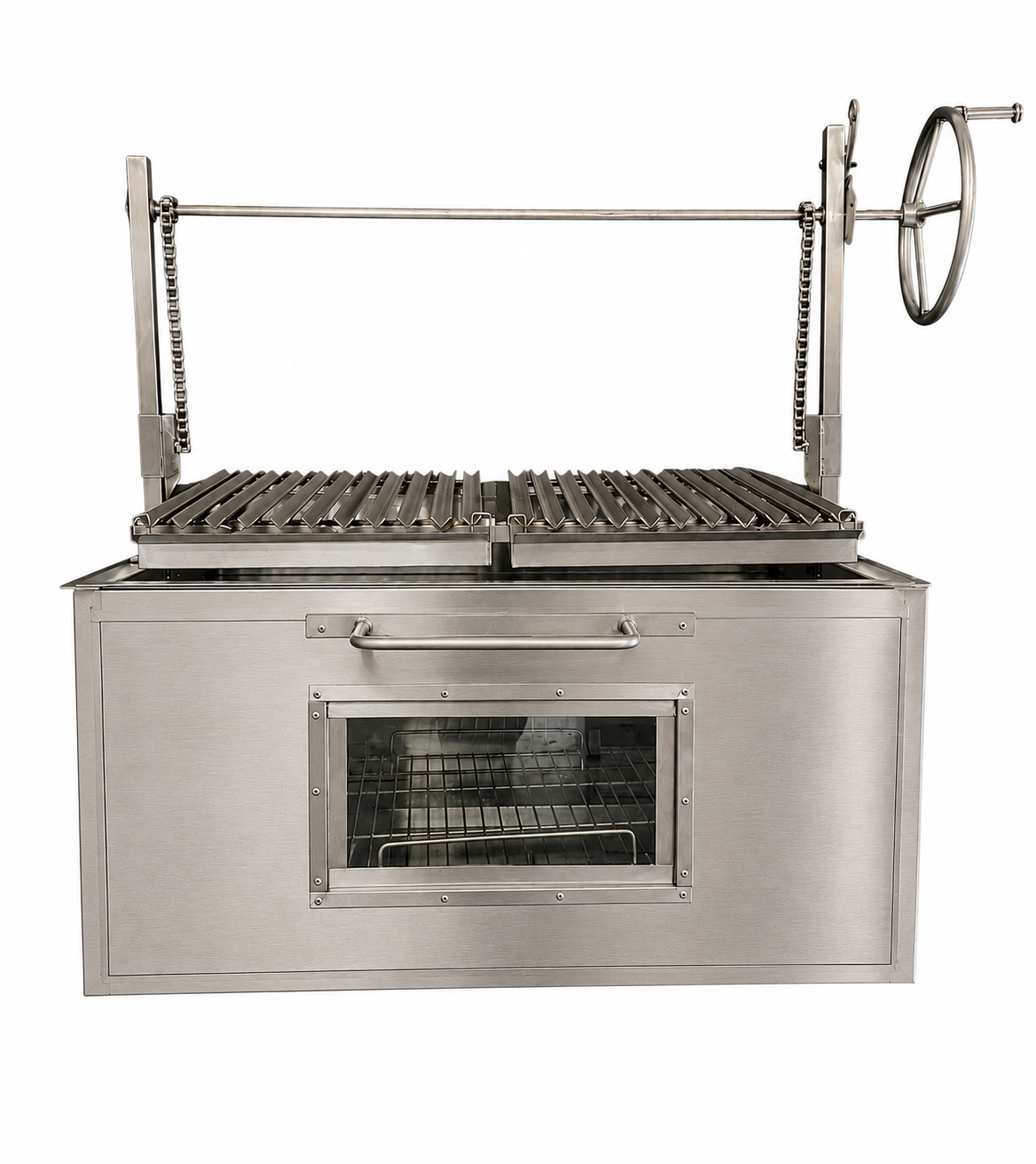 Estufa de cocina industrial de acero inoxidable con parrillas y control de fuego.