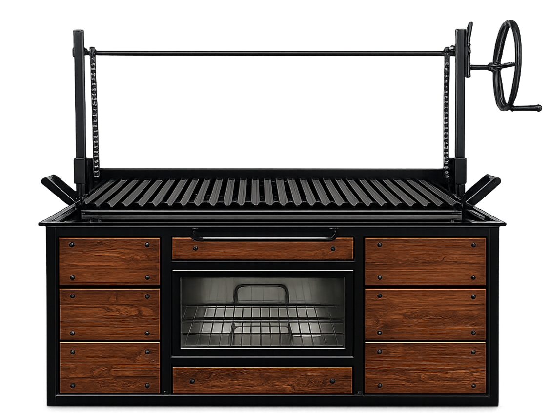 Una parrilla negra con puertas de madera y un horno pequeño en el centro, diseñada para cocinar a la parrilla.