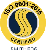 Close-up of an ISO 9001:2015 certified emblem featuring a yellow circle with black inner circle and a stylized 'S' in the center.