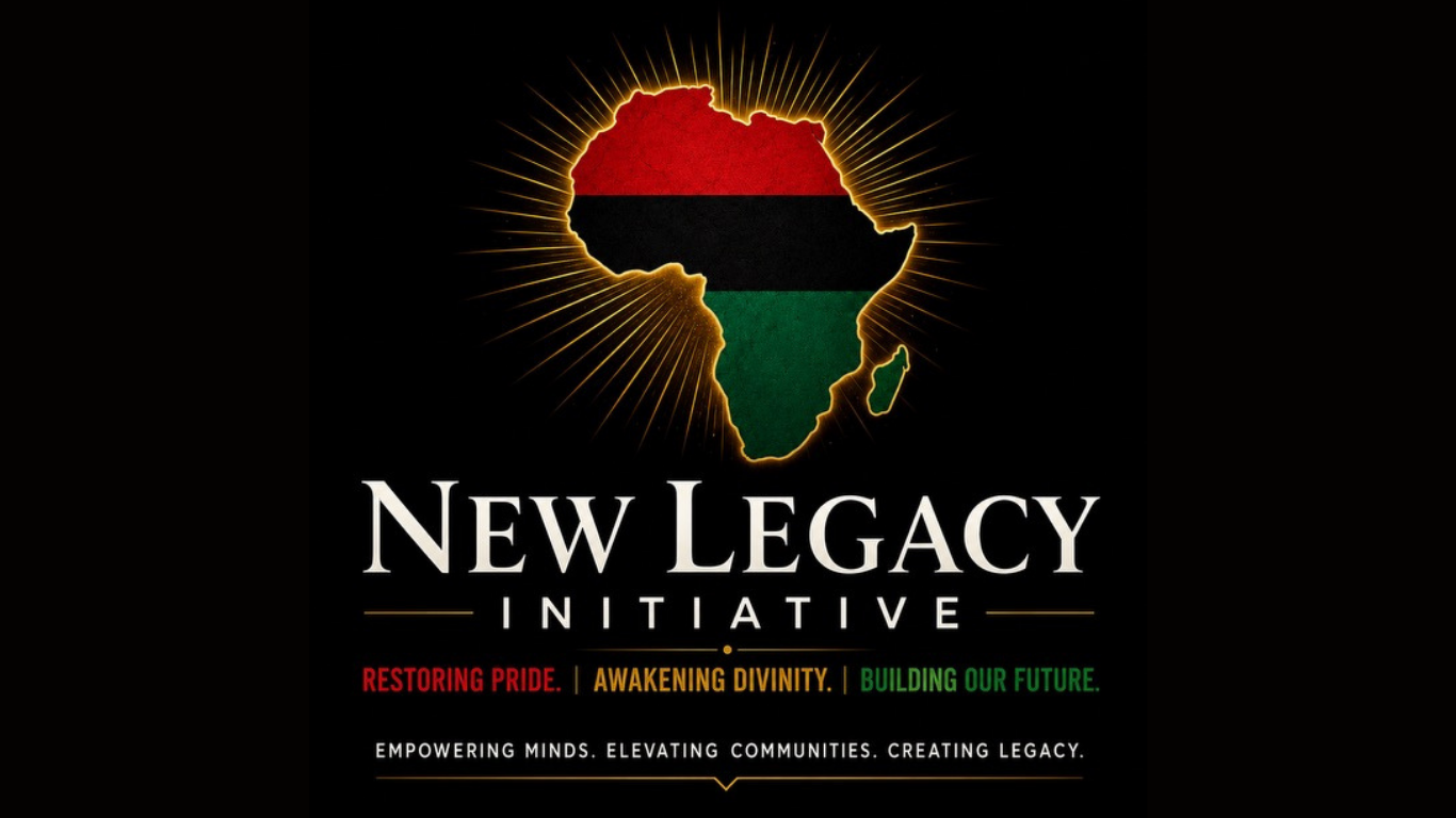 Map of Africa with the colors of the Pan-African flag: red, black, and green, radiating light, with the text 'New Legacy Initiative' and slogans about pride, divinity, and future. Israelites