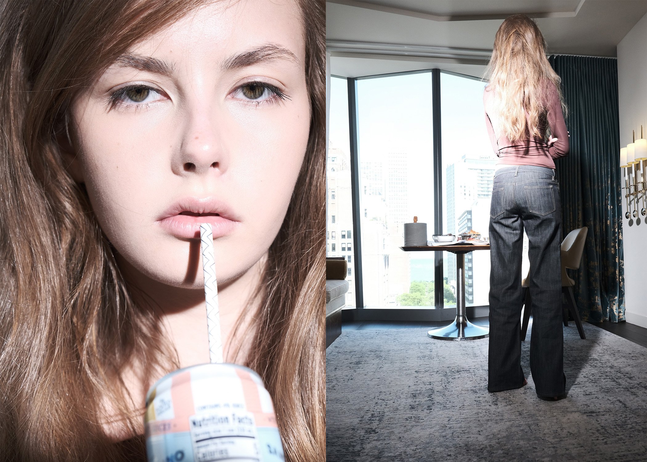 Close-up of a young woman with long brown hair drinking from a container, with a mask design on the straw, standing indoors near large windows with city view, and a person with curly blonde hair and dark pants standing with their back facing the camera.