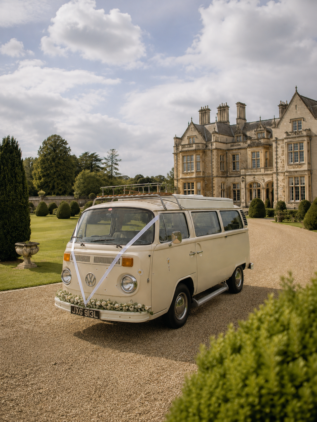 A vintage cream-colored Volkswagen camper van decorated with white flowers and a white ribbon, parked in front of a large historic mansion on a gravel driveway under a partly cloudy sky. Vintage wedding car for a real wedding in West Sussex