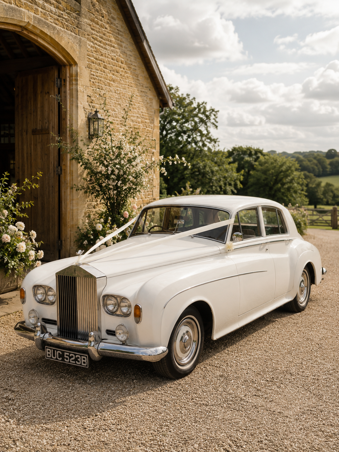 A vintage white luxury car parked outside a stone barn decorated with flowers and ribbons for a wedding or special event.