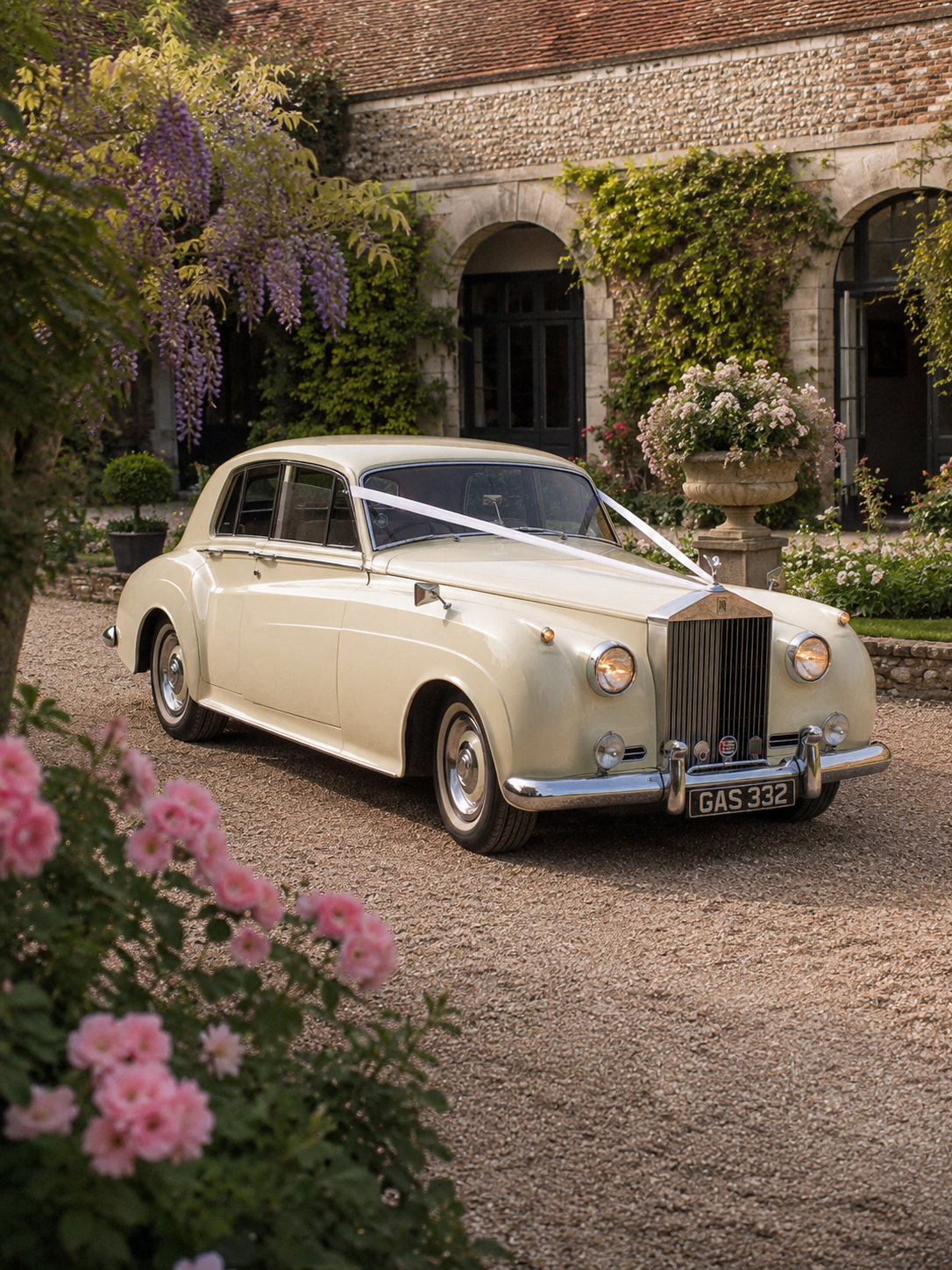 A vintage cream-colored Rolls Royce parked on a gravel driveway in front of a brick house with arched windows, surrounded by lush greenery and blooming flowers, Vintage wedding car for a real wedding in West Sussex