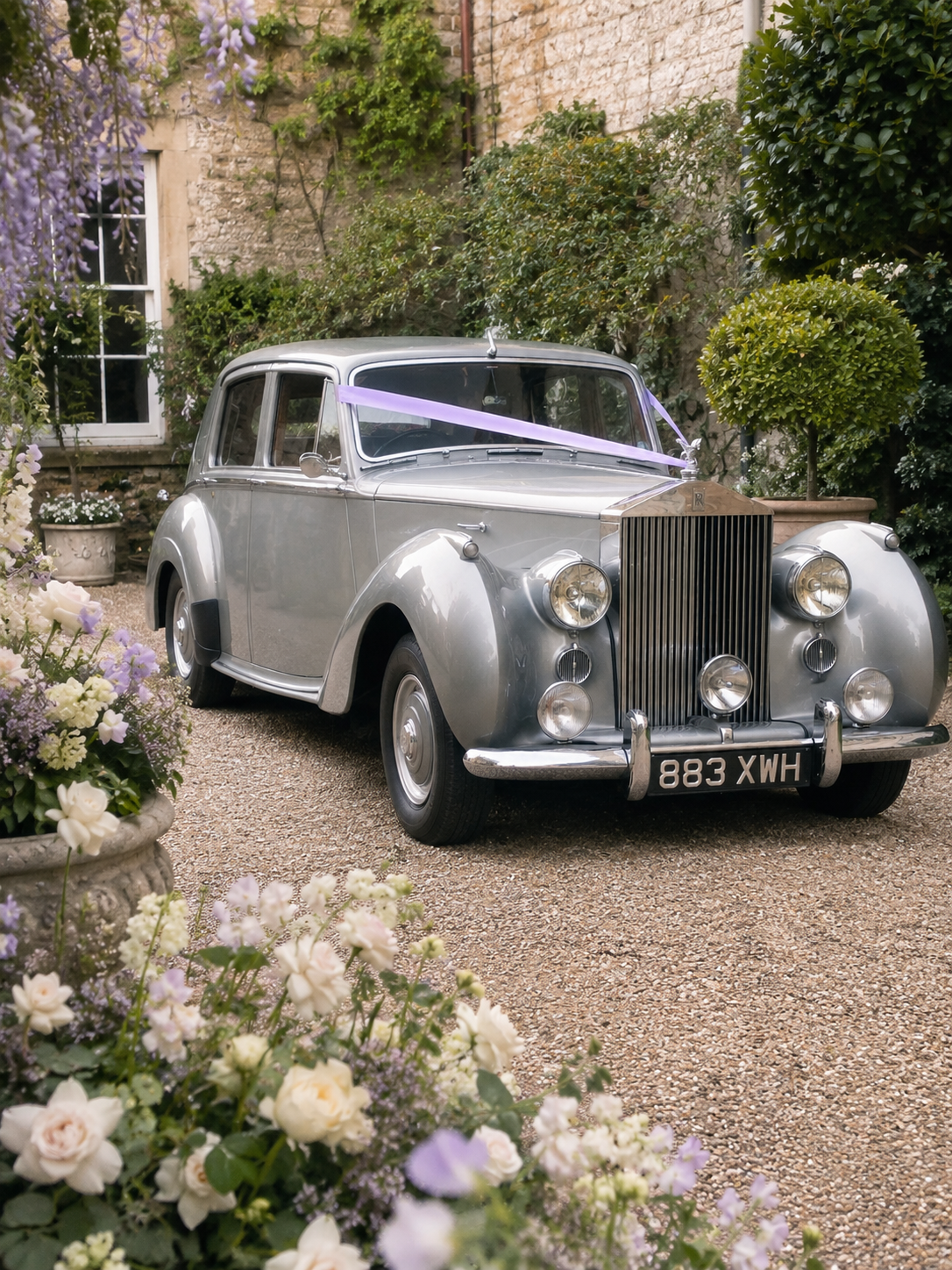 A vintage silver car decorated with purple ribbon parked in a garden with flowers and greenery.
