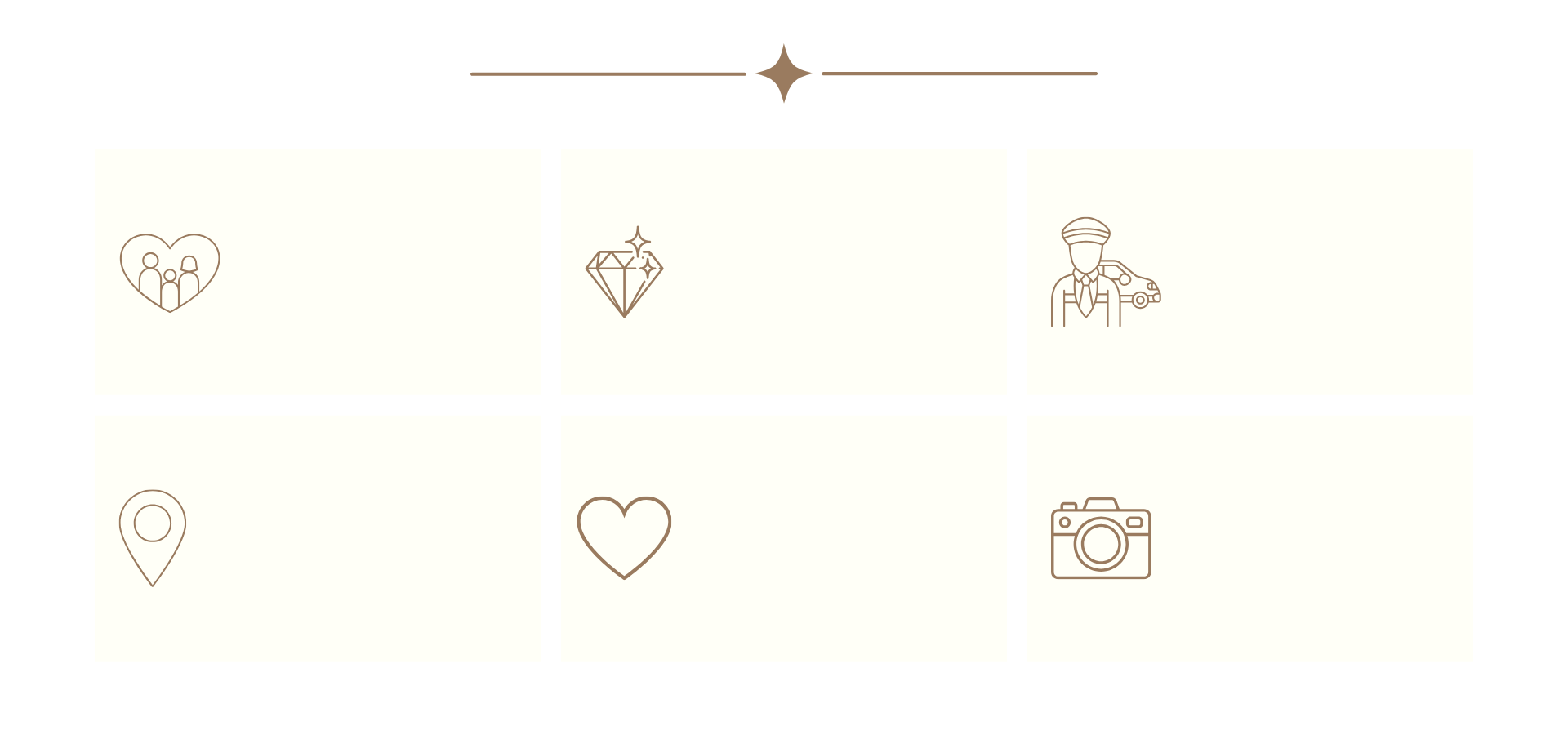 Grid of six icons: top left shows a heart with three people inside, top middle shows a diamond, top right shows a person in a hat with a car behind, bottom left shows a location pin, bottom middle shows a heart, and bottom right shows a camera.