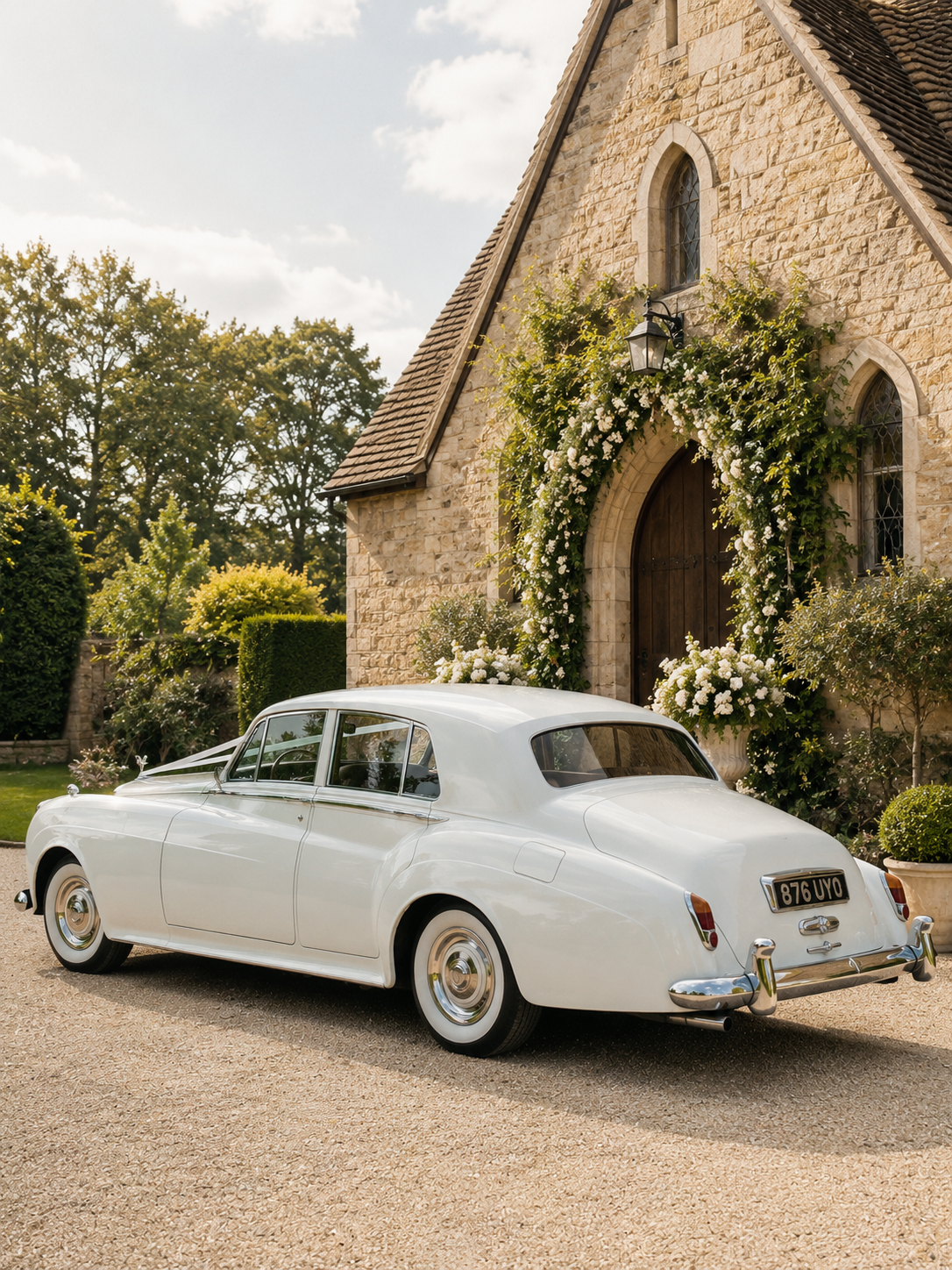 A vintage white car parked in front of a stone church decorated with white flowers and green foliage, with trees and a partly cloudy sky in the background.