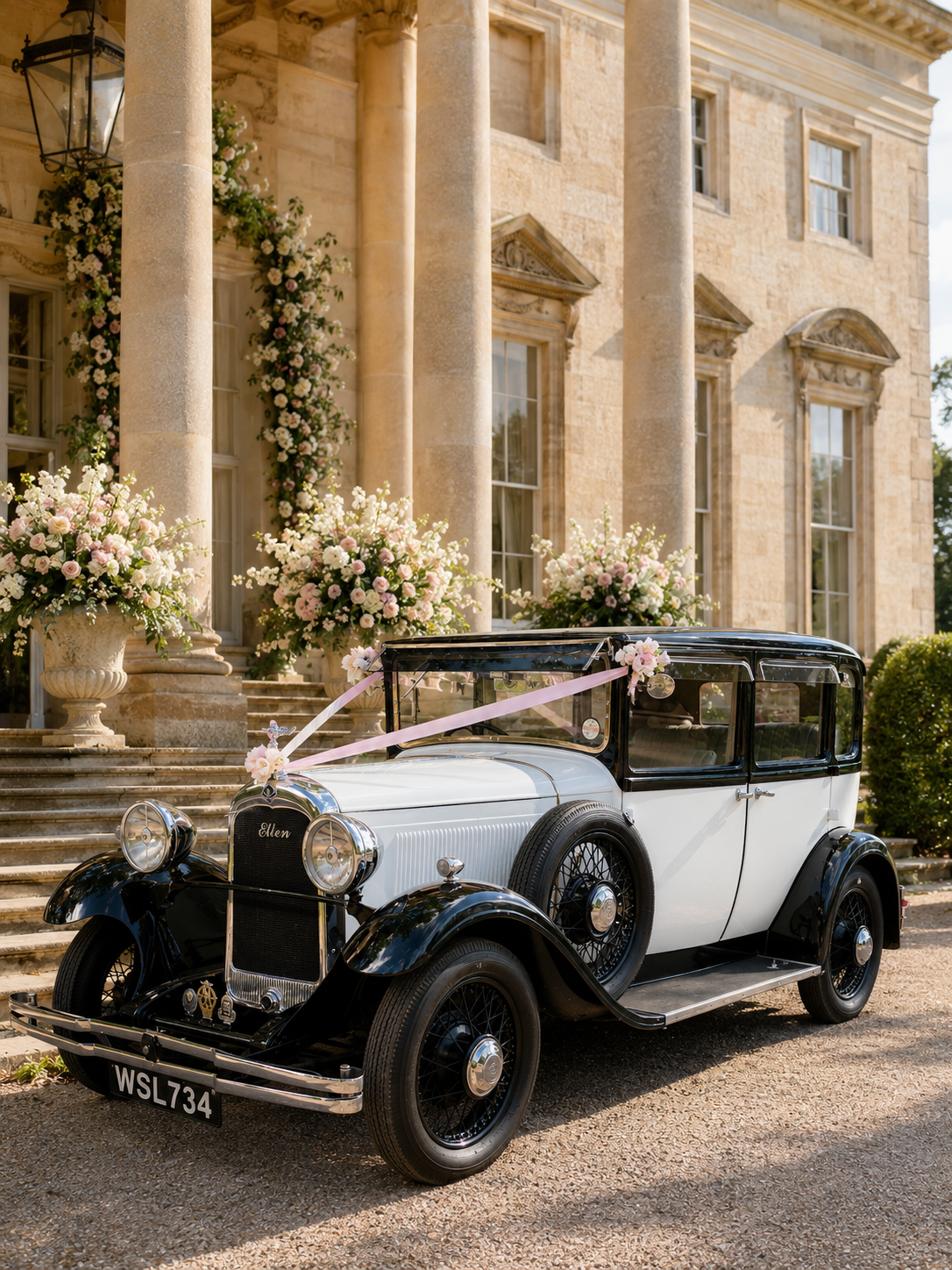 A vintage black and white car decorated with pink and white flowers parked in front of a grand stone mansion with tall columns and large flower arrangements on the steps.