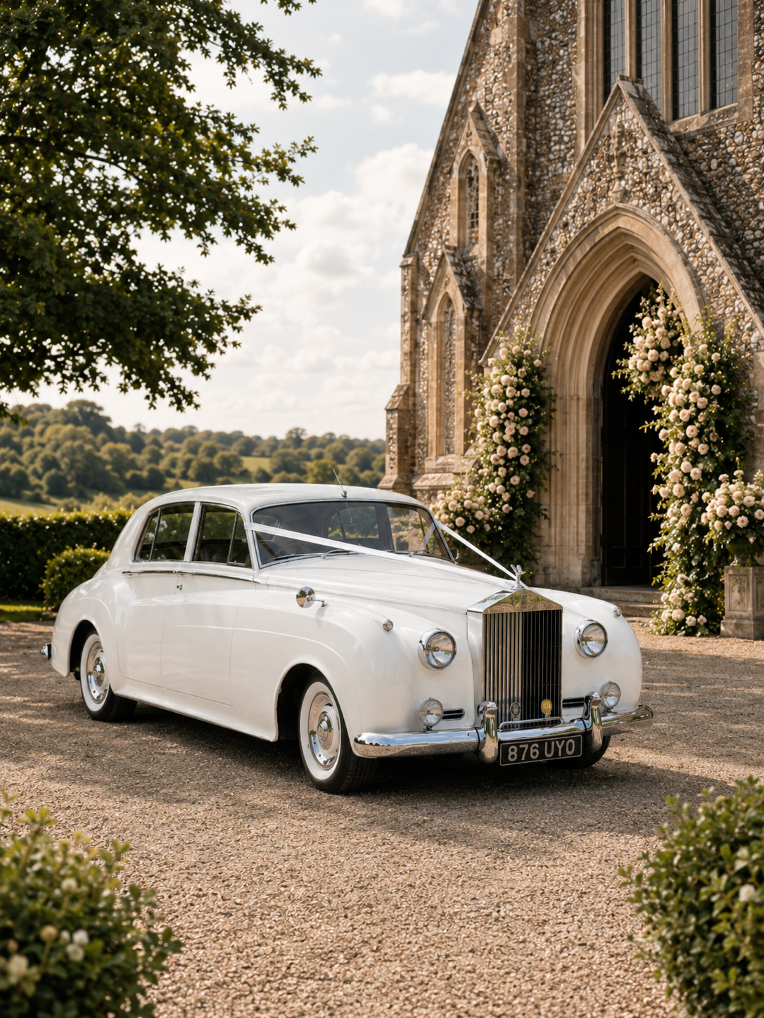 A vintage white car decorated with ribbons, parked outside a church decorated with flowers for a wedding ceremony on a sunny day.