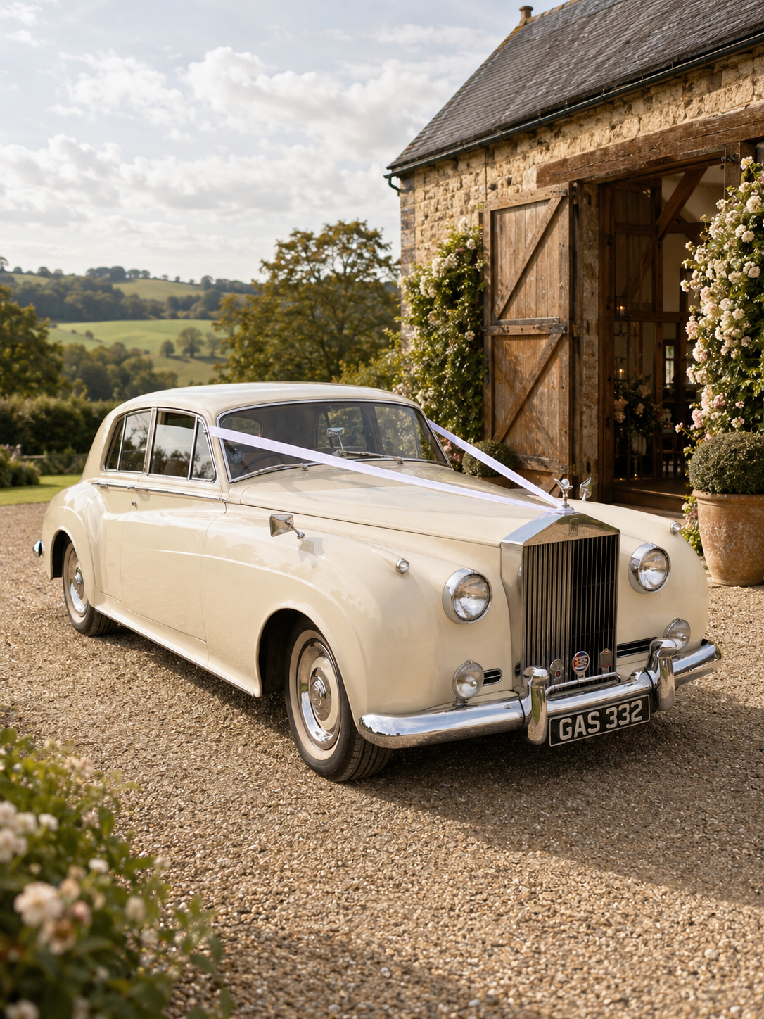 A vintage cream-colored car with a white ribbon on the hood parked outside a rustic stone barn decorated with potted flowers, with rolling green hills and a cloudy sky in the background.