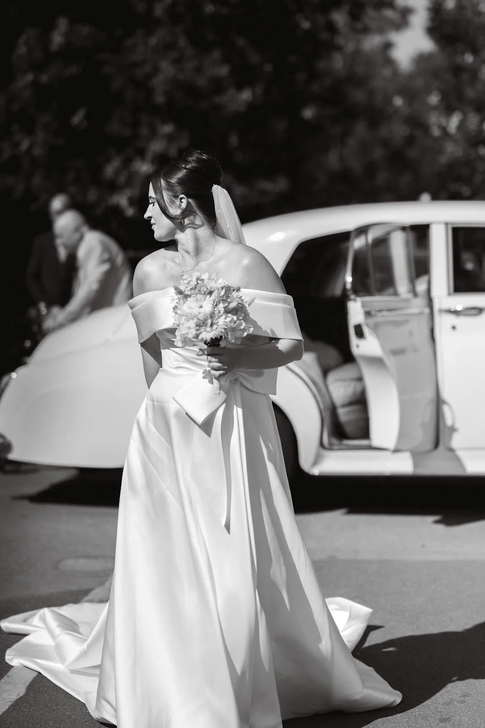 Vintage wedding car photographed at a real Sussex wedding