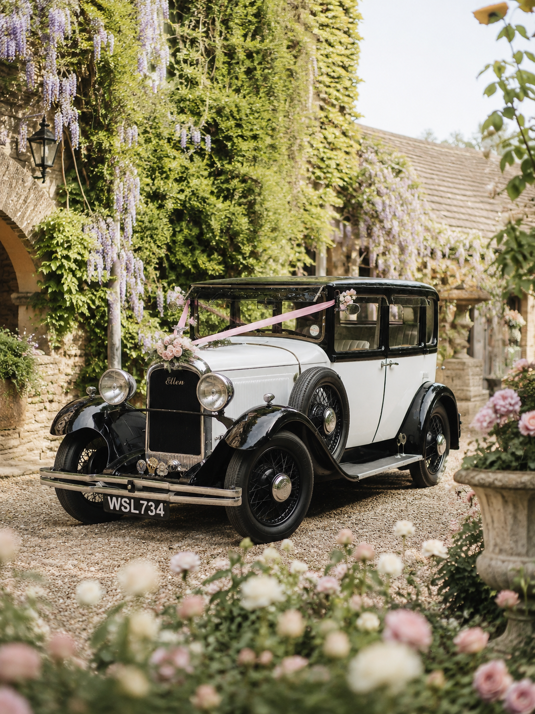 Vintage black and white car decorated with pink ribbons and flowers, parked in a garden with stone walls, lush green vines, and blooming pink and white flowers.