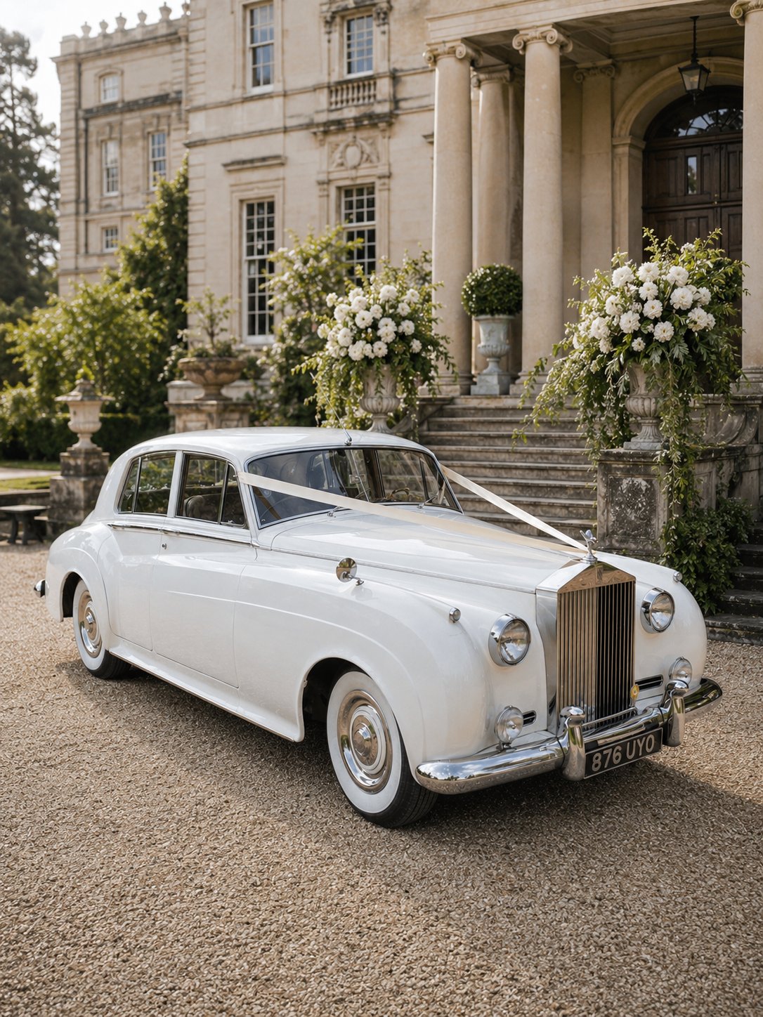 A vintage white luxury car decorated with white ribbons, parked in front of a grand historic mansion with stone steps and large floral arrangements, indicating a wedding celebration.