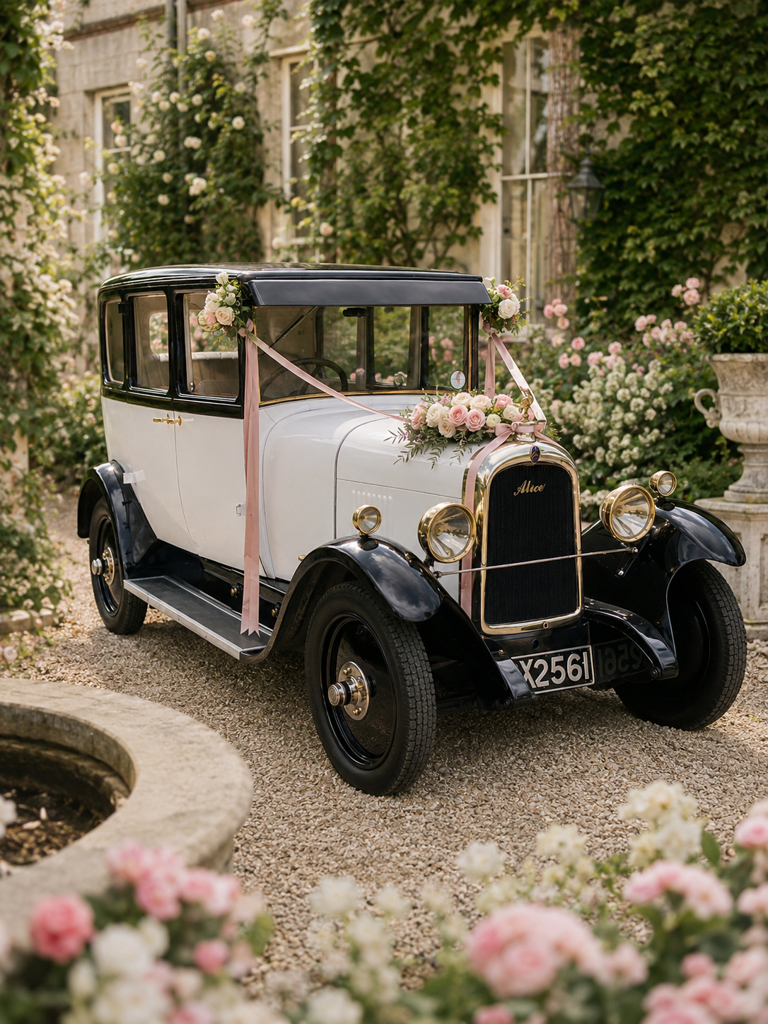 Vintage car decorated with pink and white flowers and ribbons, parked in a garden with blooming roses and lush greenery.