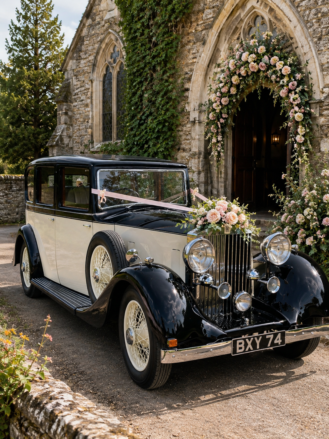 Vintage black and white car decorated with pink roses parked outside a stone church with arched stained glass windows and flower arrangements around the entrance.