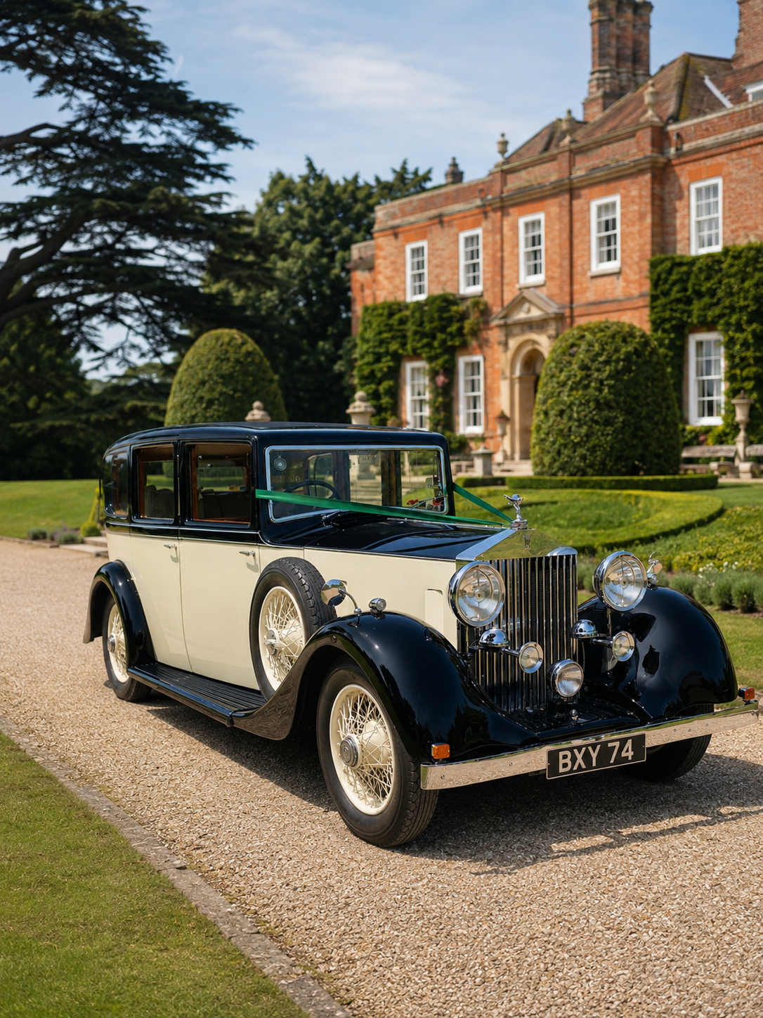 Vintage black and white luxury car parked on gravel driveway in front of grand red brick estate with manicured gardens and large trees.