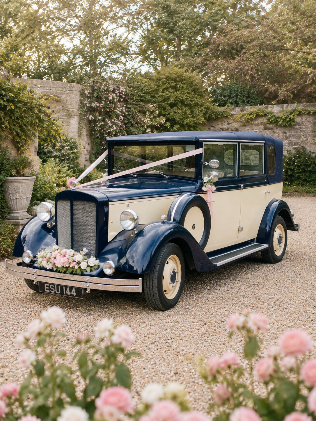 A vintage blue and cream wedding car decorated with pink ribbons and flowers, parked on a gravel driveway with a garden and stone wall in the background.