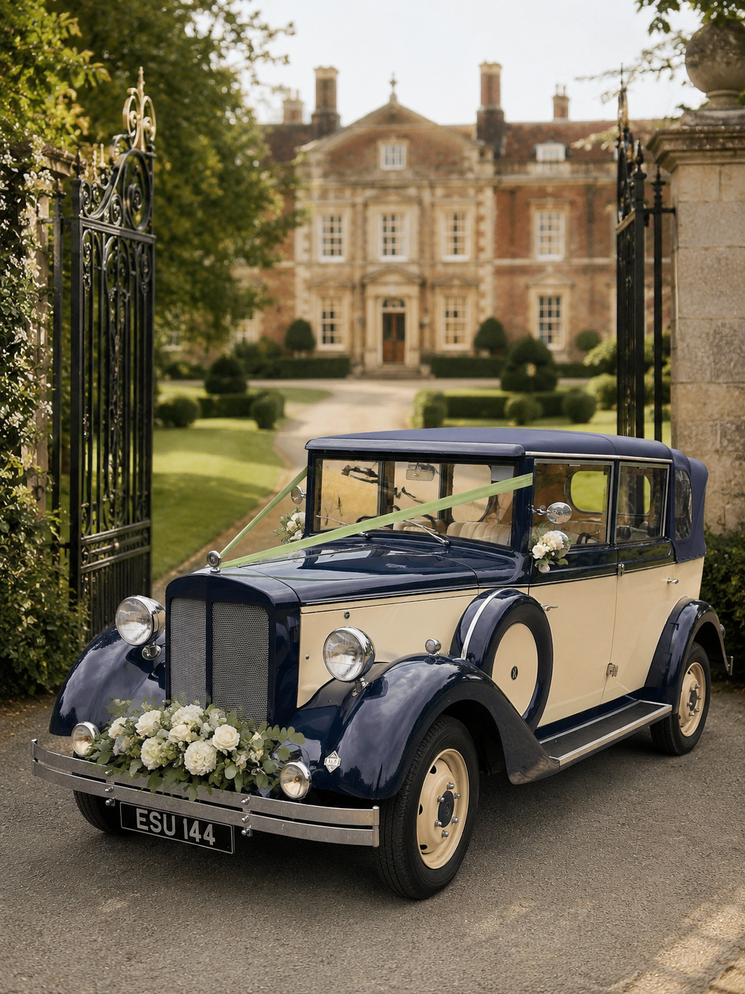 Vintage blue and cream wedding car decorated with white flowers and greenery parked outside a large historic estate with an iron gate in the background.