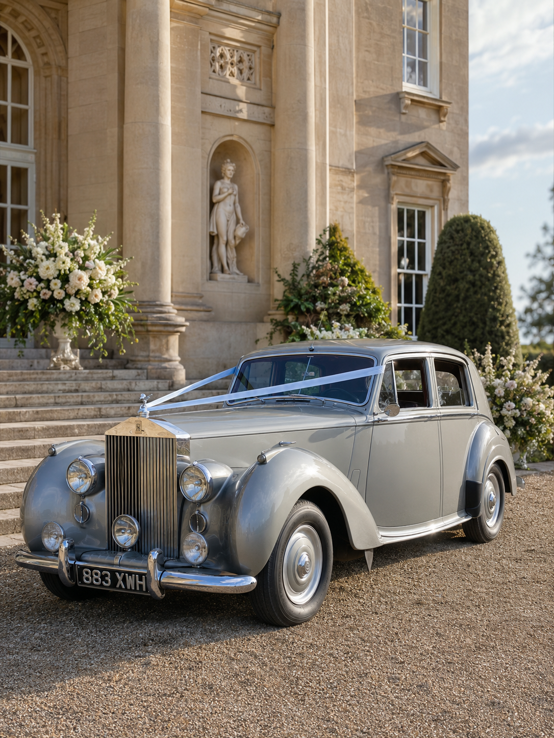 A vintage silver luxury car parked in front of a grand mansion with floral arrangements and statue adornments.