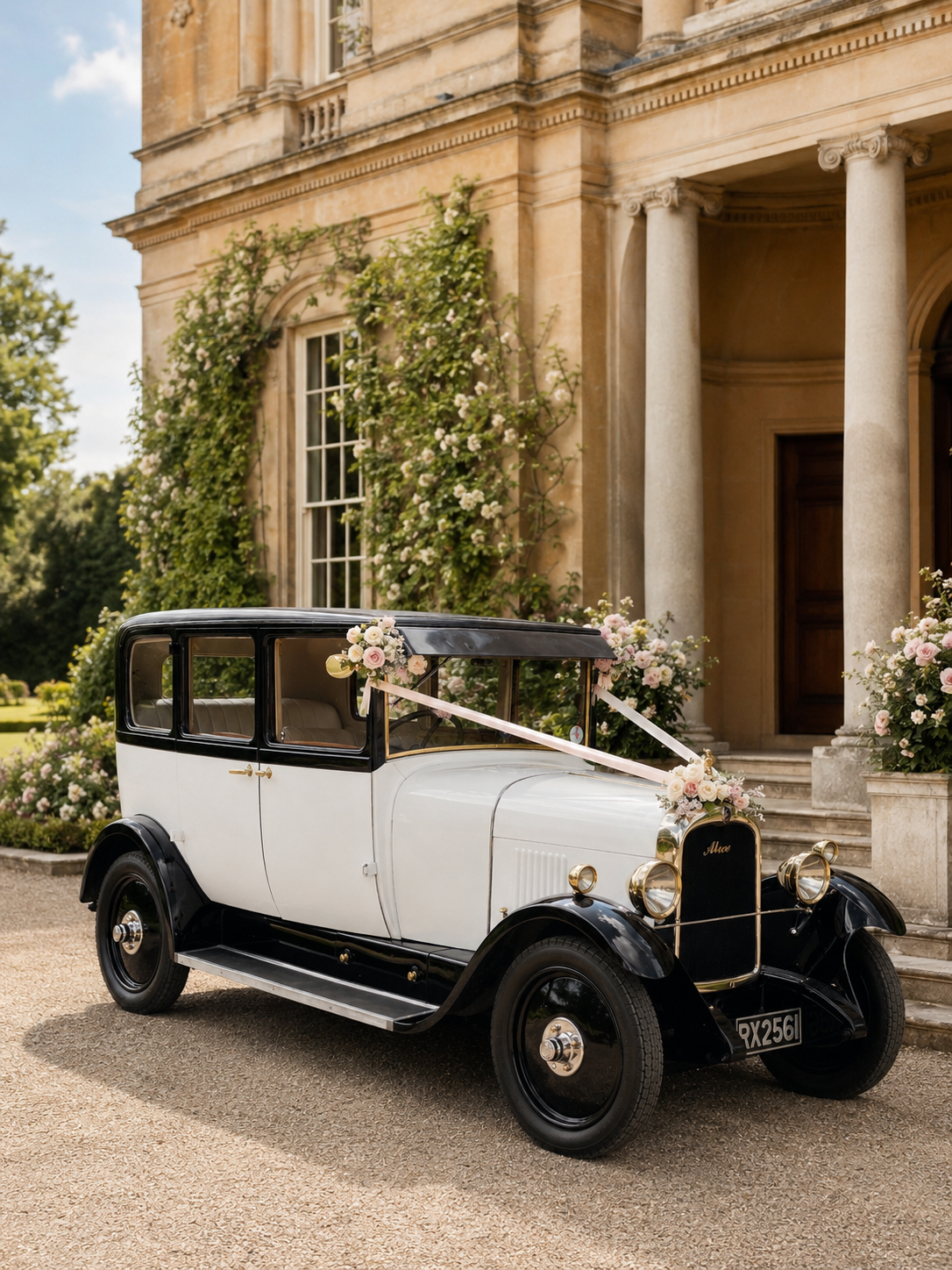 A vintage white and black car decorated with pink and white flowers and ribbons, parked outside a grand historic building with columns and climbing vines.