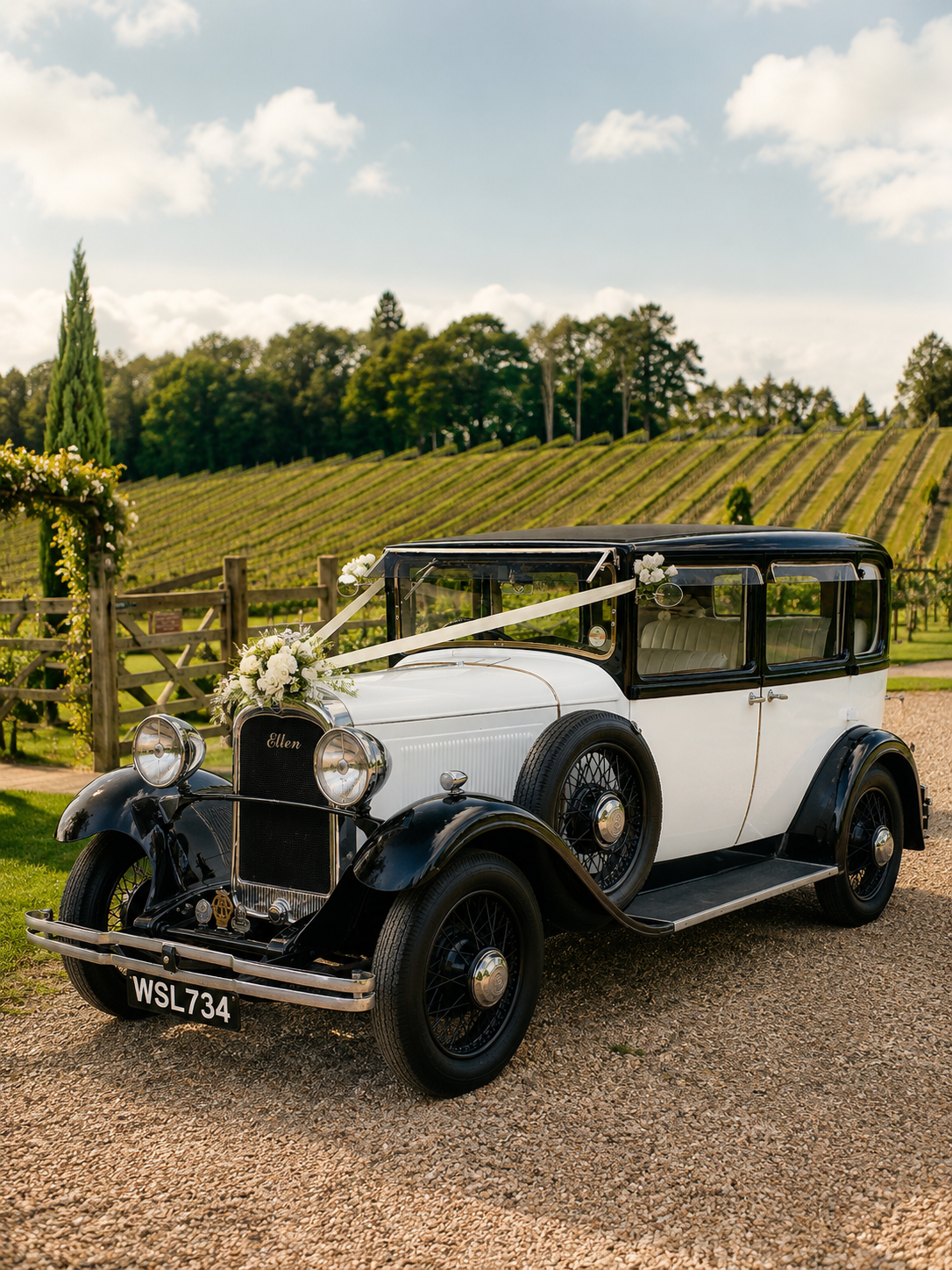 Vintage white and black car decorated with white flowers and ribbons, parked on a gravel path near a vineyard under a partly cloudy sky.