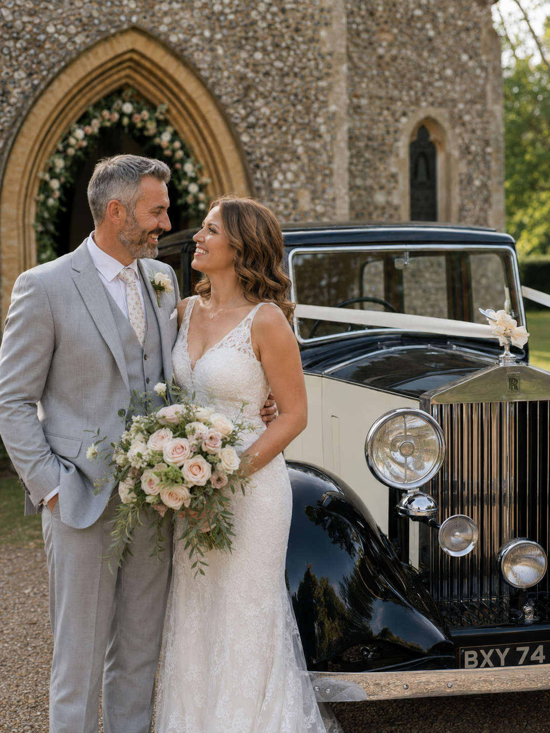 Vintage wedding car for a real wedding in West Sussex