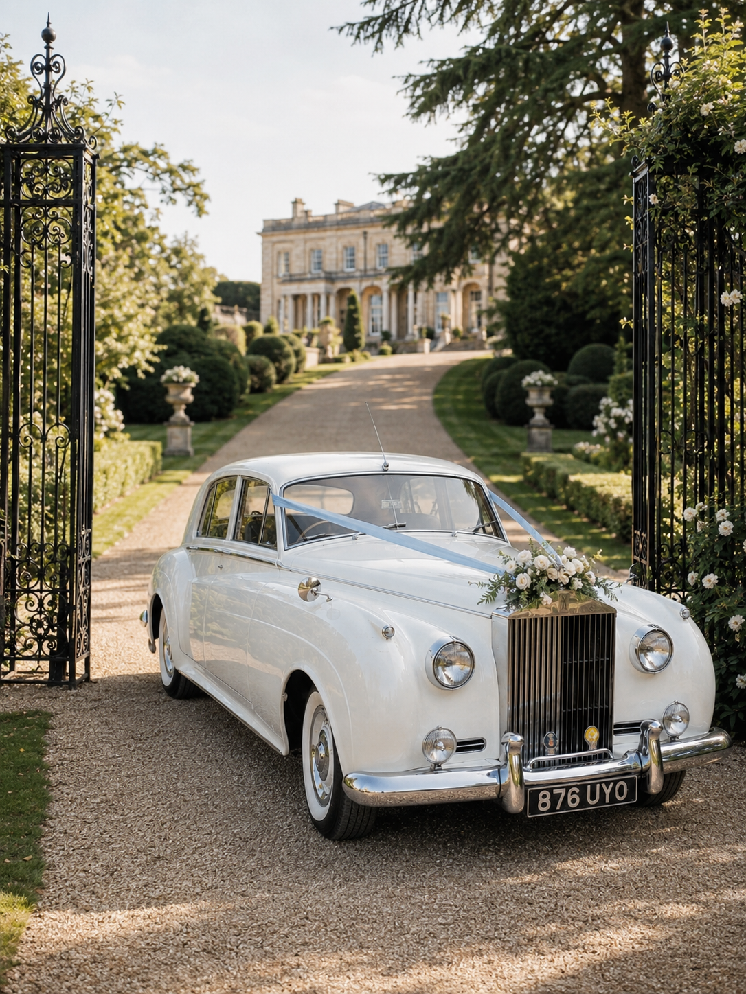 A vintage white car decorated with white flowers and ribbons parked at the entrance of a grand estate with a large mansion in the background, surrounded by manicured gardens and trees. Vintage wedding car for a real wedding in Surrey