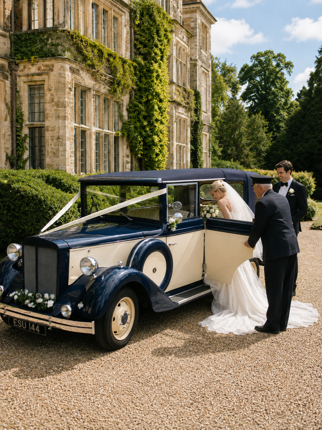 Vintage wedding transport for bride and groom in Sussex