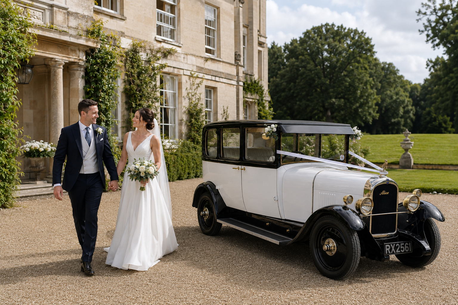 Classic wedding car at a West Sussex wedding venue