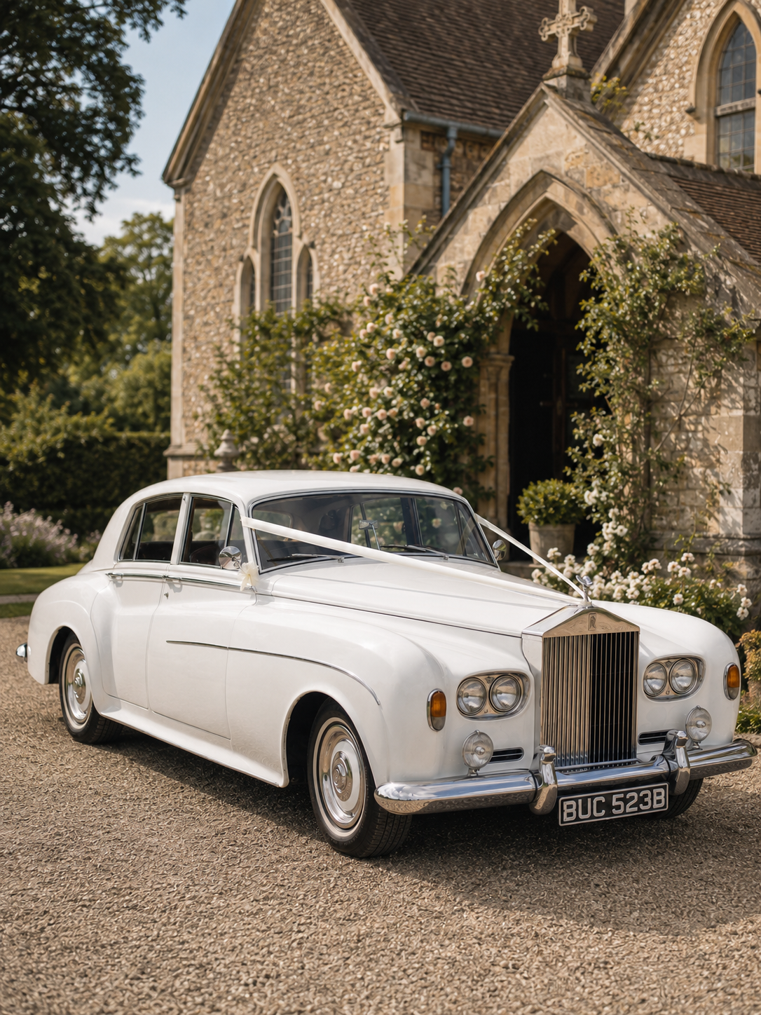 A vintage white luxury car decorated with ribbons, parked outside a stone church surrounded by blooming flowers.