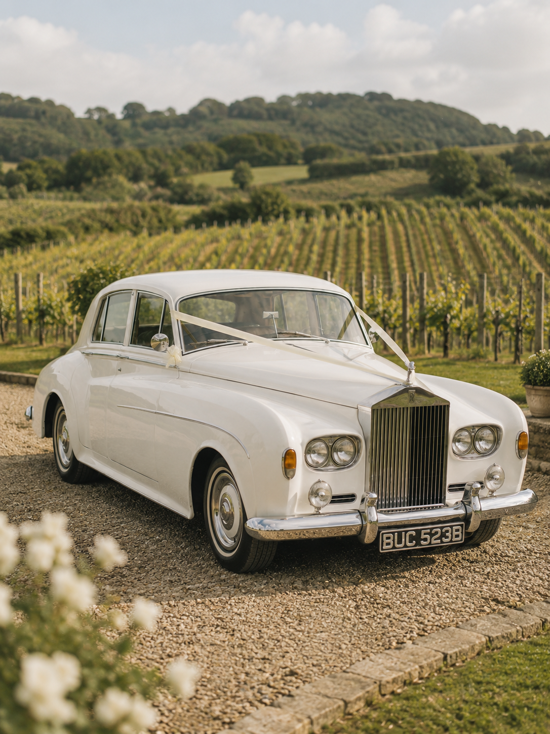 A vintage white luxury car decorated with white ribbons parked on a gravel path in a vineyard with rolling green hills in the background.