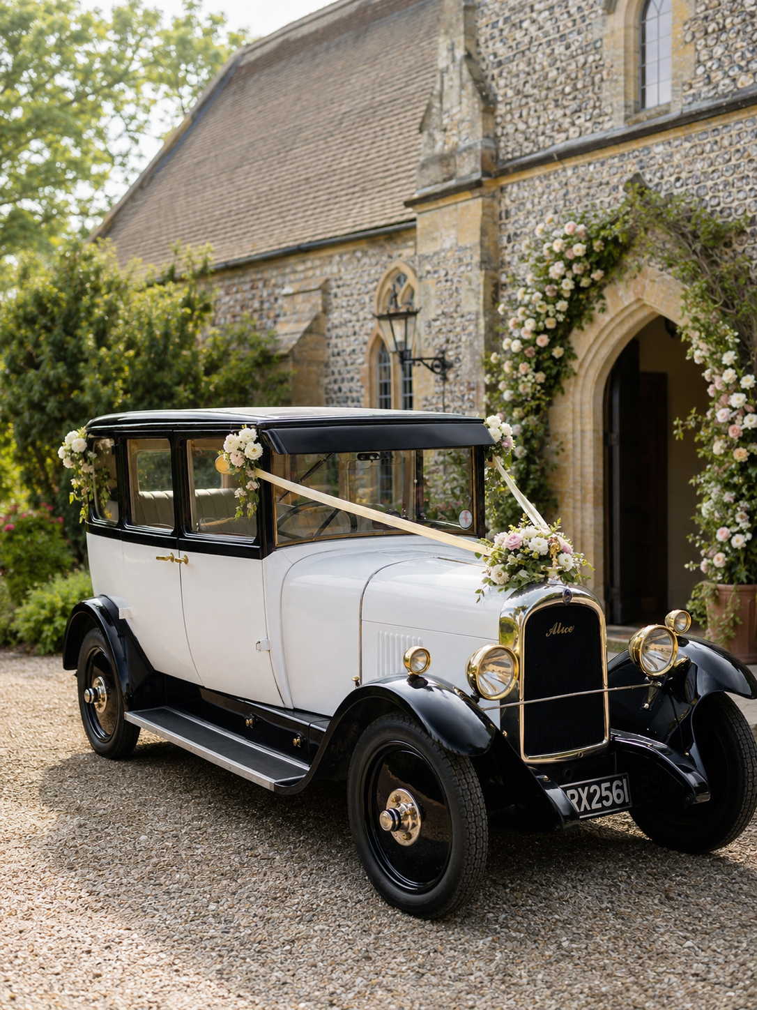 A vintage black and white car decorated with flowers and ribbon, parked outside a stone church decorated with pink and white flowers for a wedding.