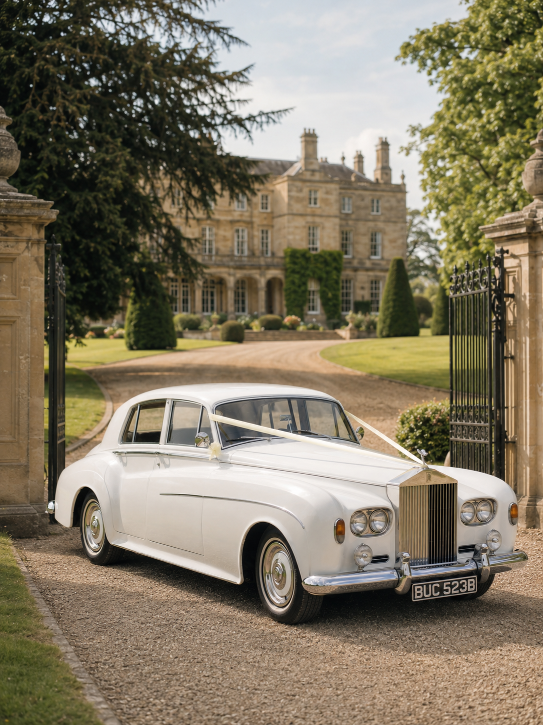 A vintage white luxury car decorated with ribbon, parked in front of a gated estate with a large stone house and well-manicured gardens.