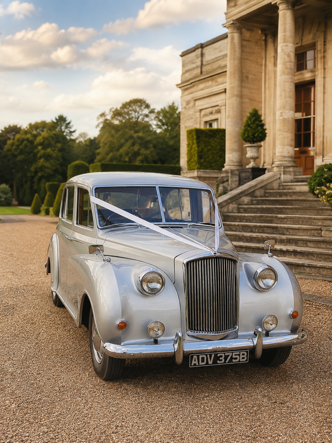 A vintage silver car decorated with a white ribbon is parked on a gravel driveway in front of a large, elegant stone mansion with steps leading up to its entrance.