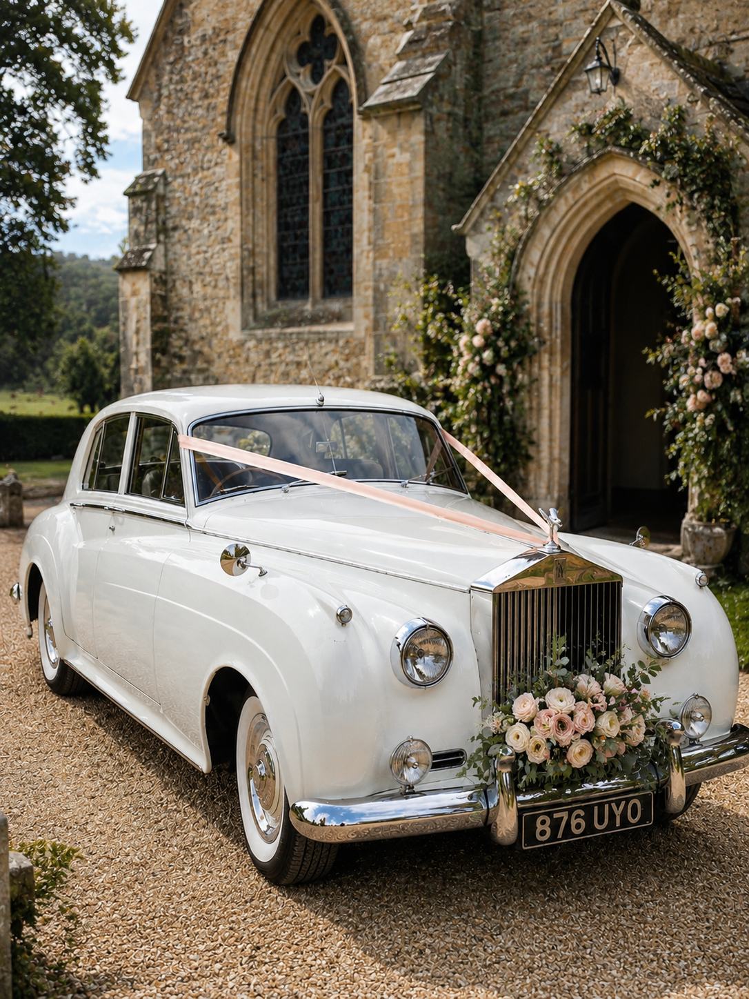 White vintage car decorated with pink ribbons and floral arrangements parked in front of a stone church.