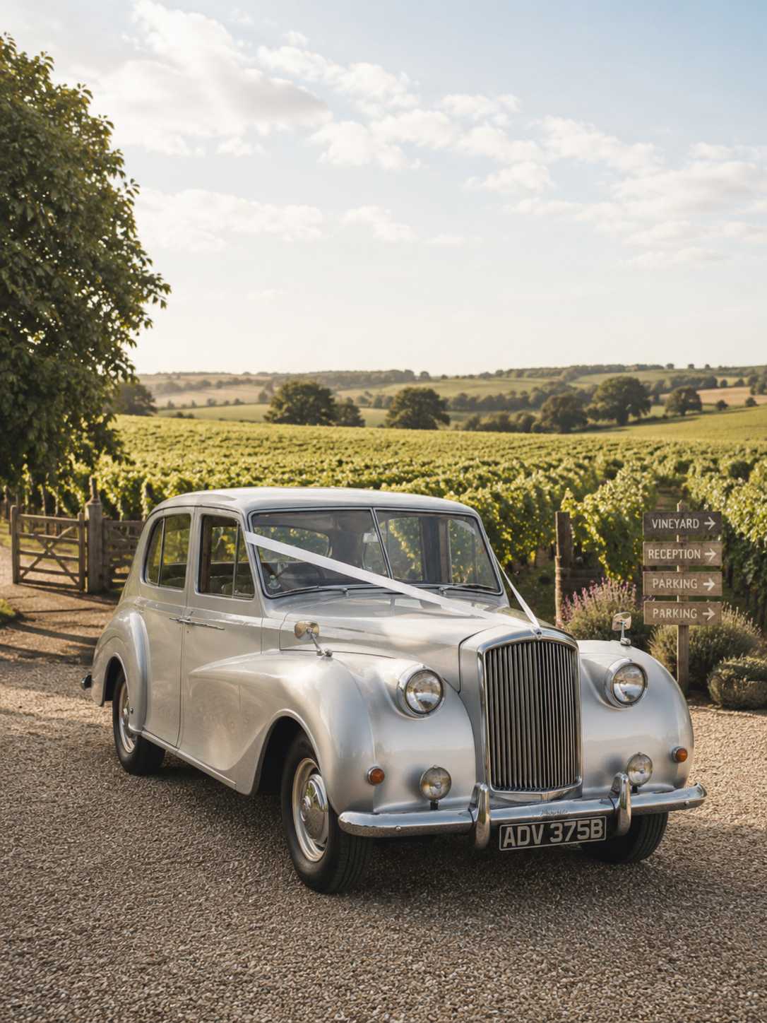 A vintage silver car decorated with a white ribbon, parked near a vineyard on a sunny day.