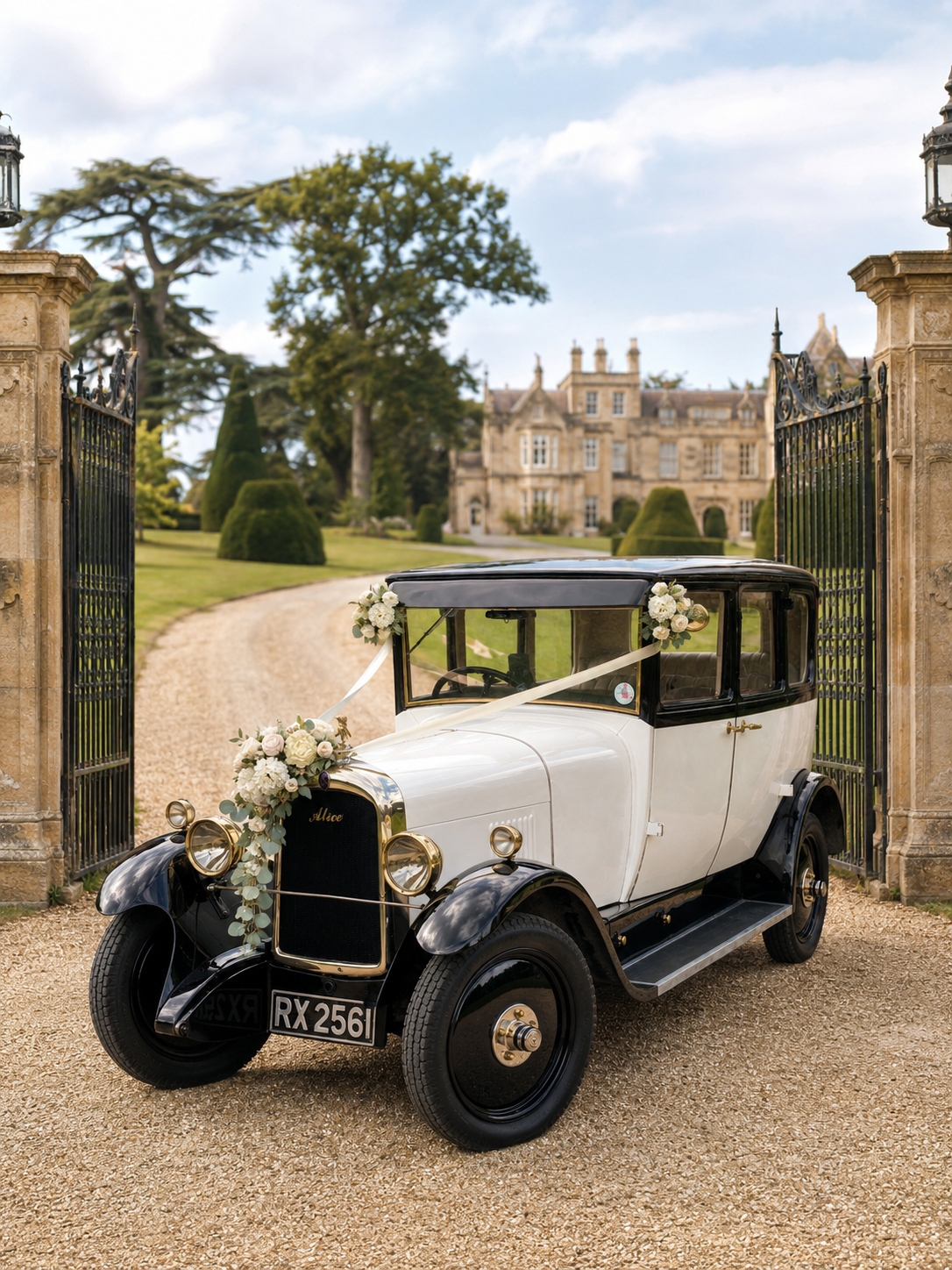 Alice 1928 vintage Citroën wedding car in ebony and white in West Sussex