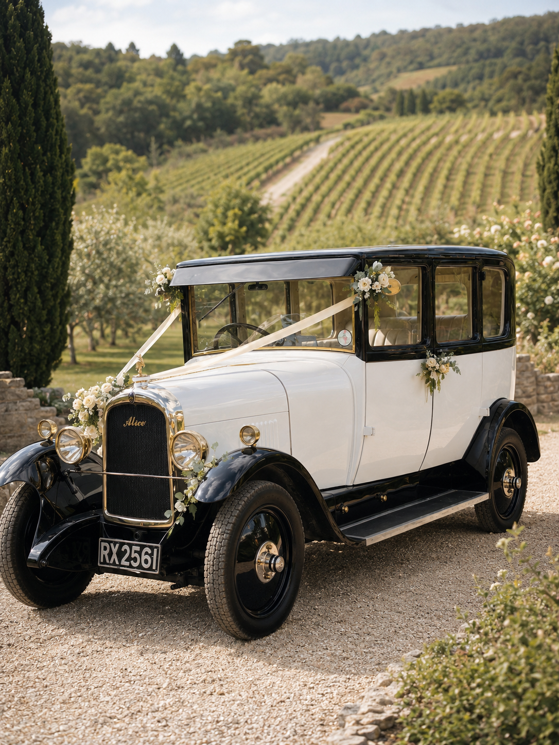 Alice 1928 vintage Citroën wedding car in ebony and white in West Sussex