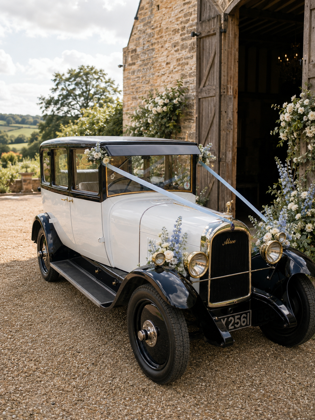 Vintage white and black car decorated with blue and white flowers for a wedding, parked outside a rustic stone barn with wooden doors and surrounded by greenery.