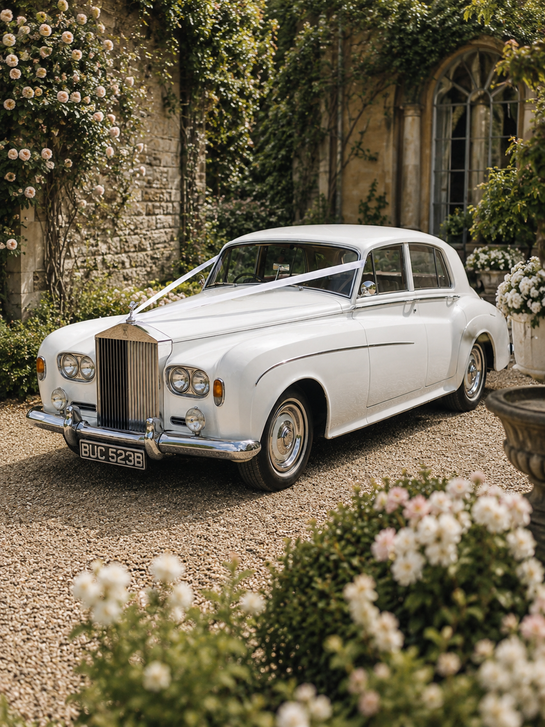 A white vintage car decorated with white ribbons, parked outside a building with stone walls and arched windows, surrounded by flowering bushes and plants.