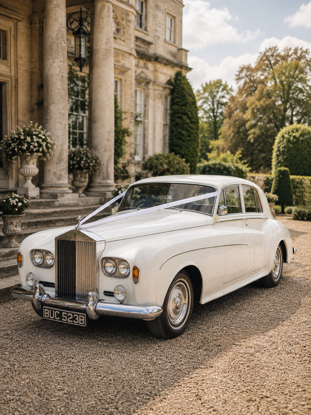 A vintage white car decorated with a white ribbon is parked outside a grand, historic mansion with stone steps, columns, and large potted flowers, suggesting it is part of a wedding celebration.