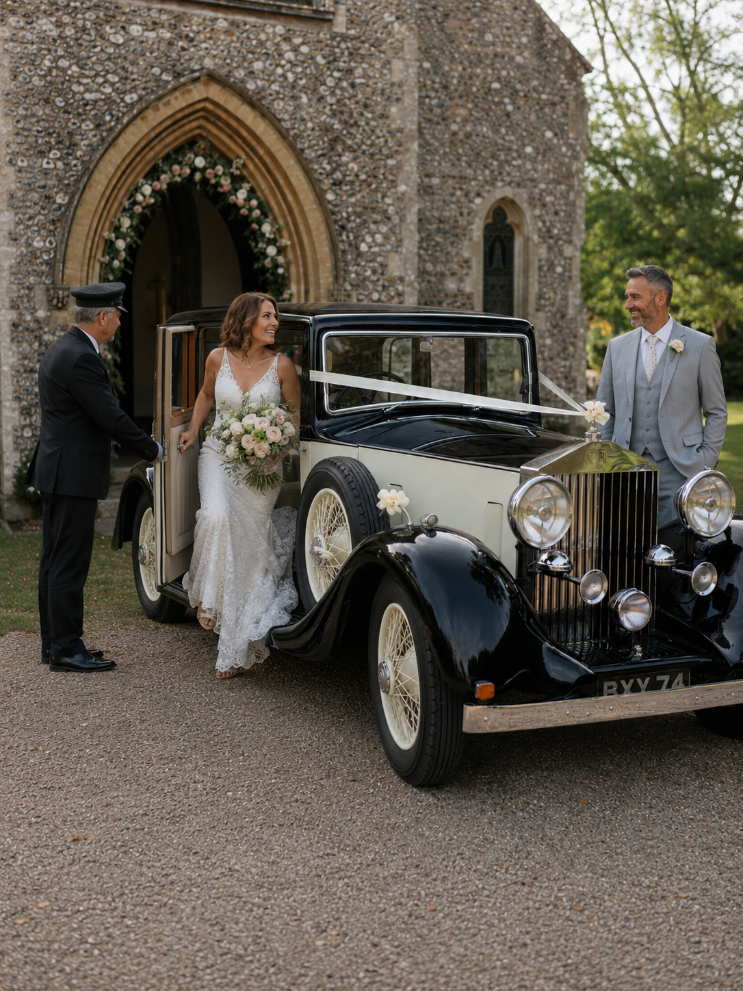Vintage wedding car for a real wedding in West Sussex