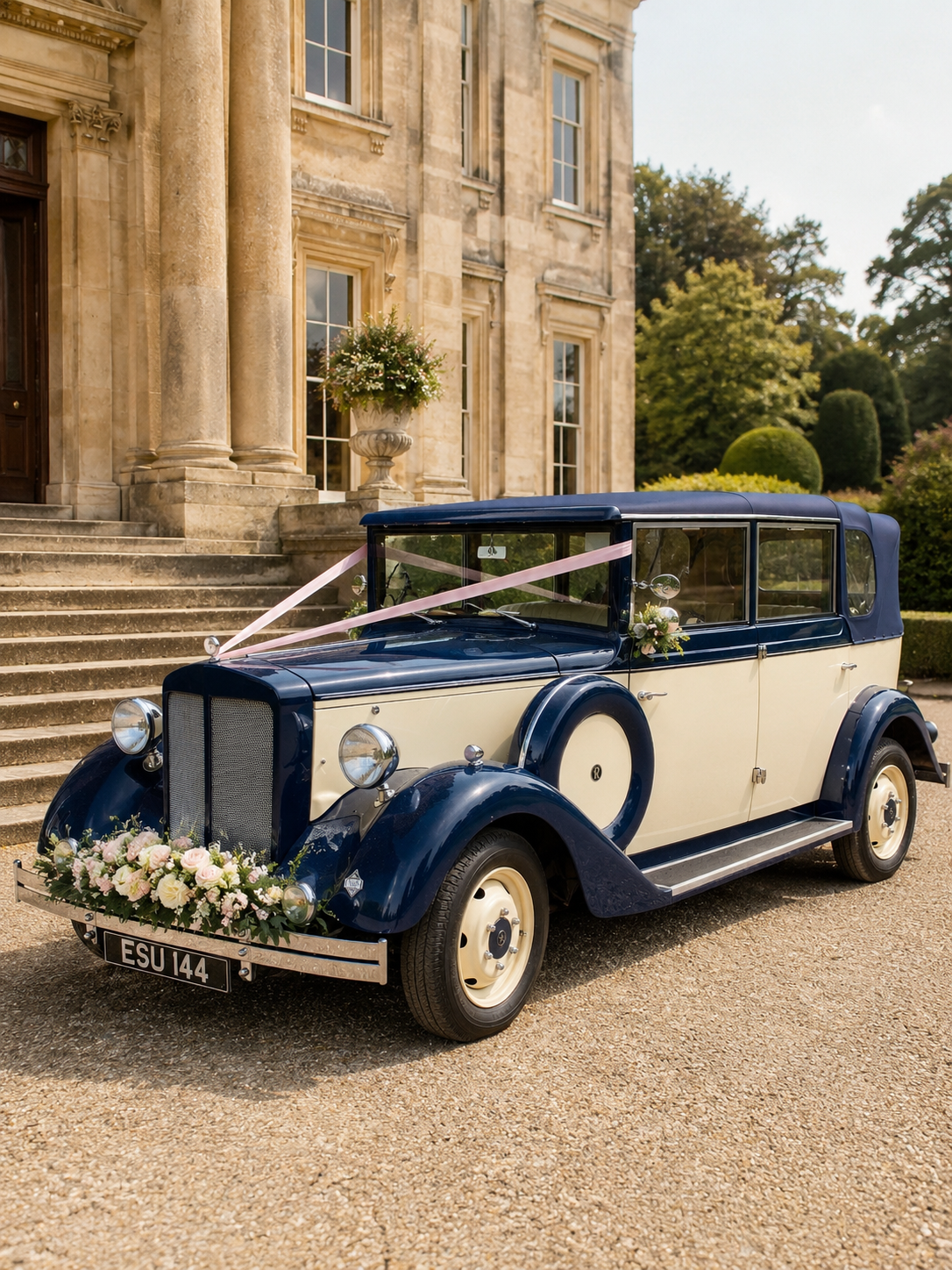 Vintage blue and cream wedding car decorated with pink ribbons and flowers parked in front of a grand stone building with steps and large windows.