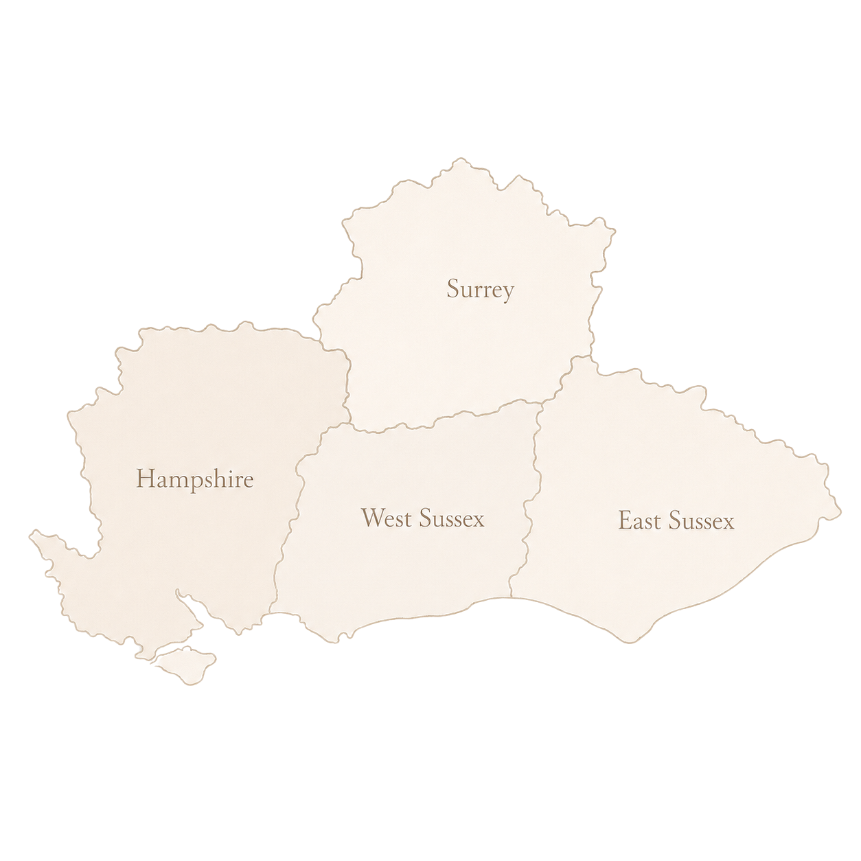 Map of Sussex counties in England, showing Hampshire to the west, Surrey to the north, West Sussex in the middle, and East Sussex to the east, with color-coded indicators along the coastal borders.