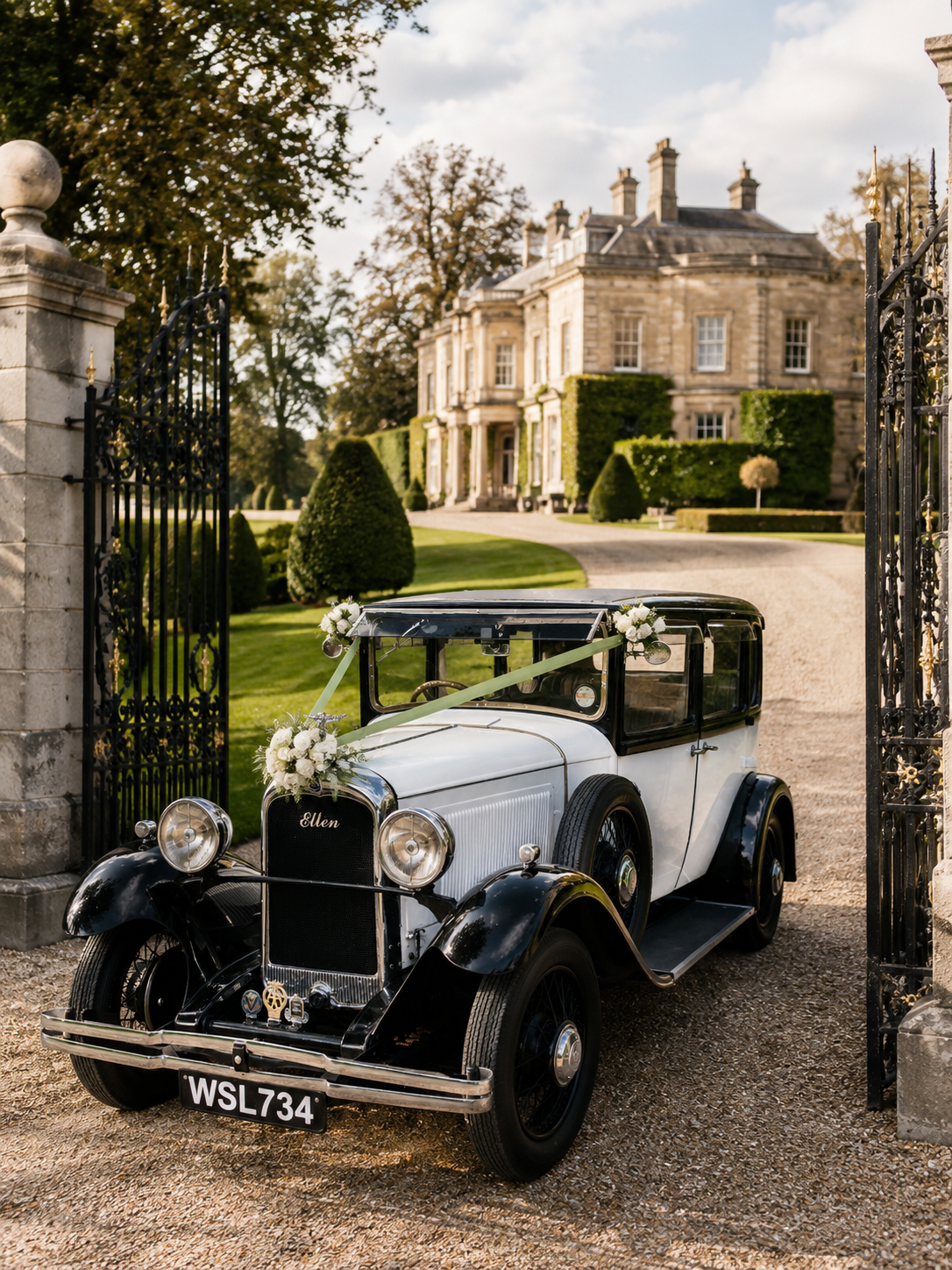 A vintage white and black car decorated with white flowers and ribbons sits in front of a large estate with a gated entrance, well-manicured lawns, and a grand stone mansion.
