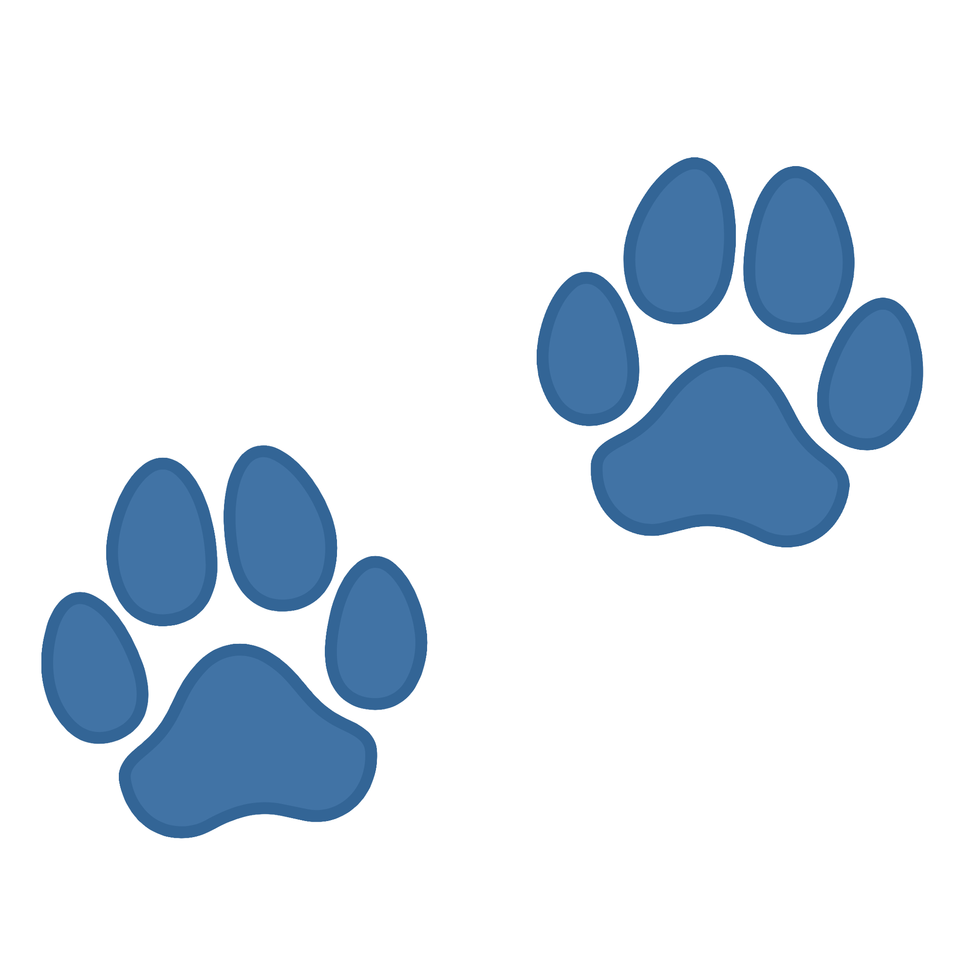 A stylized blue paw print with rounded toes on a black background.