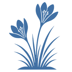 Blue floral illustration with three flowers and long leaves.